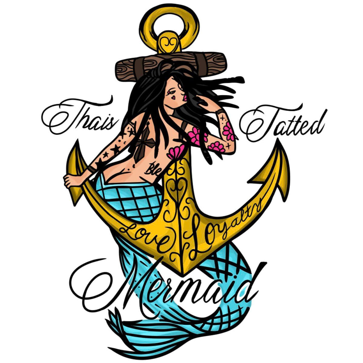 The studio’s illustrated mermaid and anchor mark